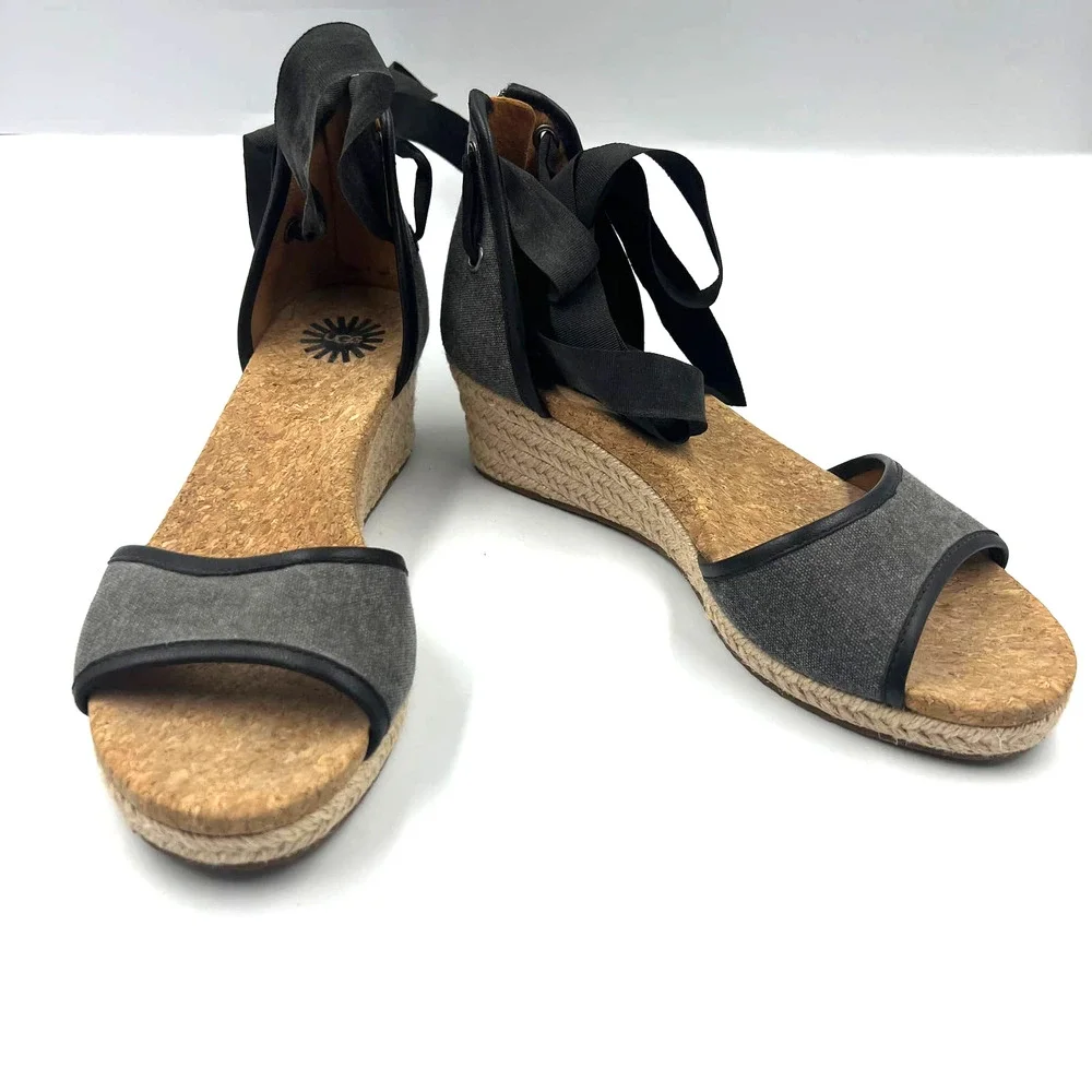 UGG‎ Wedge Espadrille Ribbon Tie Sandals Open Toe Cork Canvas Women's Size 7